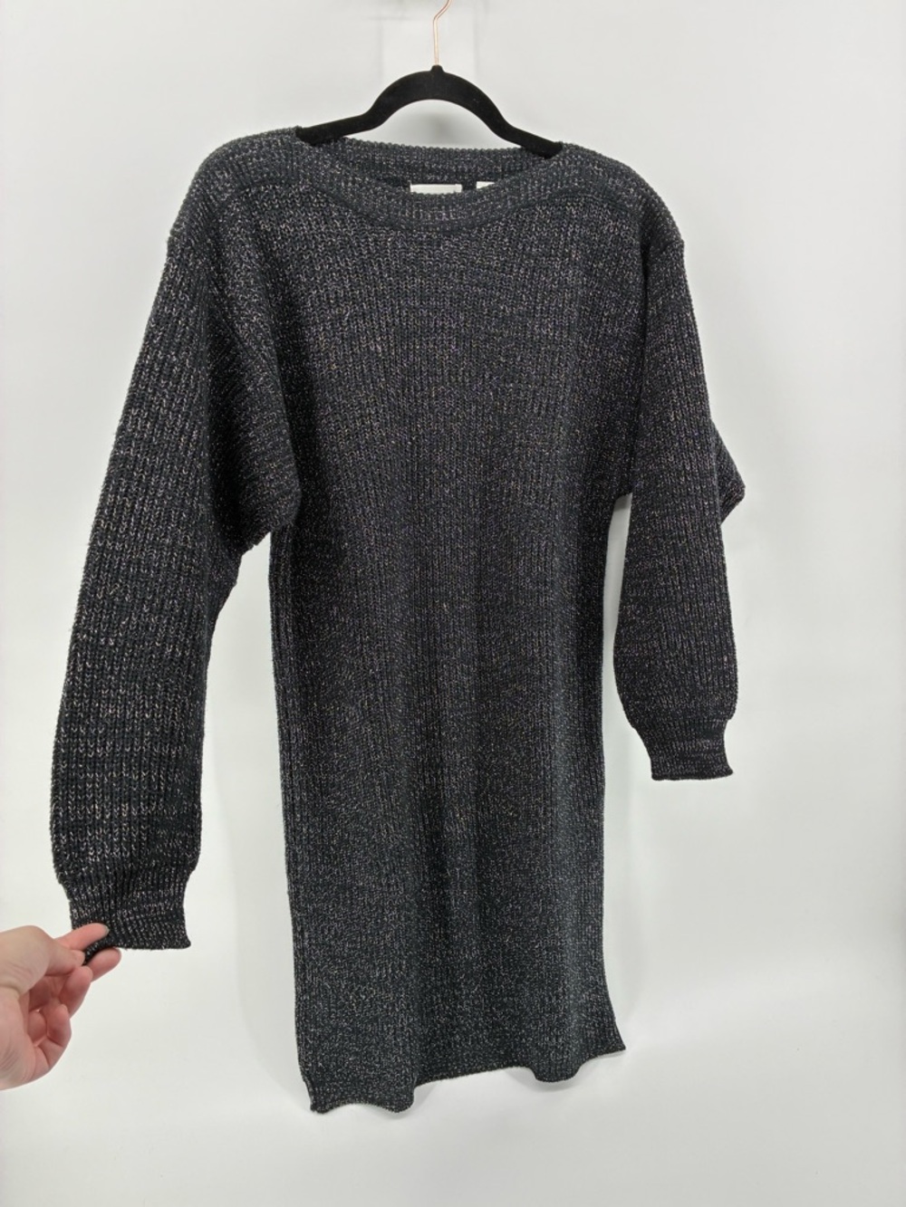 VINTAGE!! Black Metallic Sparkle Knit Sweater Dress - Picture 4 of 9